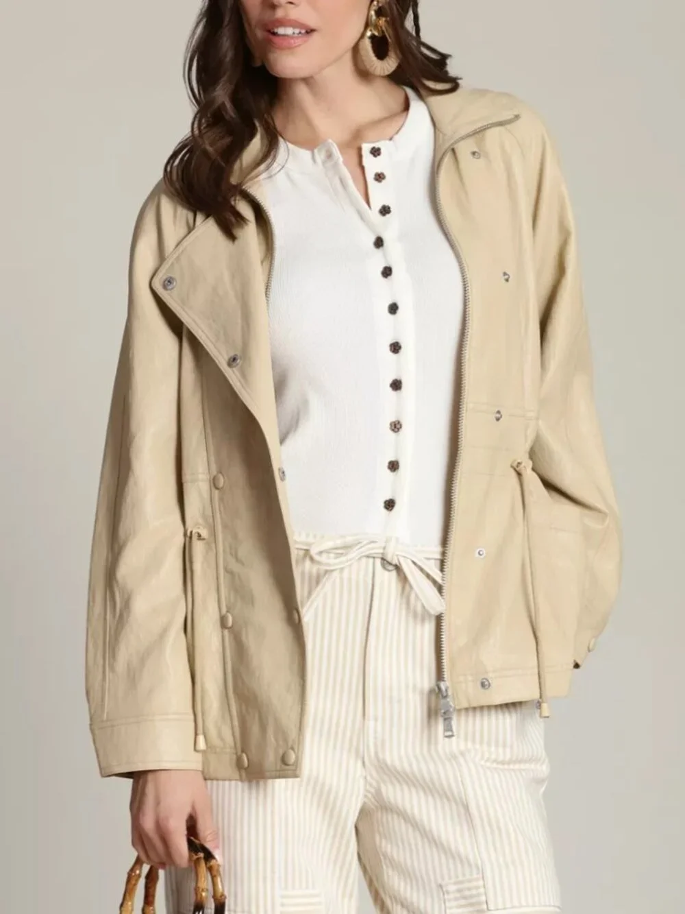 Avec Les Filles Funnel Neck Faux-Ever Leather Anorak Jacket Ochre Womens M NWT